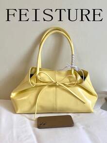 FEISTURE 1pc Solid Color Buckle Shoulder Bag, Fashionable Handheld Tie Bow Tote Bag, Suitable For Girls, Women, College Students, New Professionals And White-Collar Workers, Perfect For Work, Business, Commuting, School - Yellow - View 4
