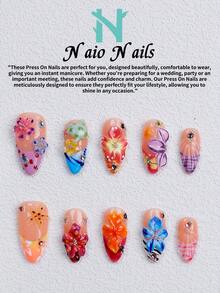 NAIO 10Pcs/Set Uñas Postizas Hechas a Mano, 3 Tamaños: Puntas Ataúd/Almendra/Cuadradas Cortas, Estilo Dulce Y2K, Diseño de Impresión Floral Multicolor & Dibujos Animados, Flores 3D, Decoración de Lunares & Piedras Preciosas, Mujeres & Niñas, Fiesta & Uso Diario, Kit de Herramientas, Regalo & Suministros para Uñas - Multicolor - Ver 2