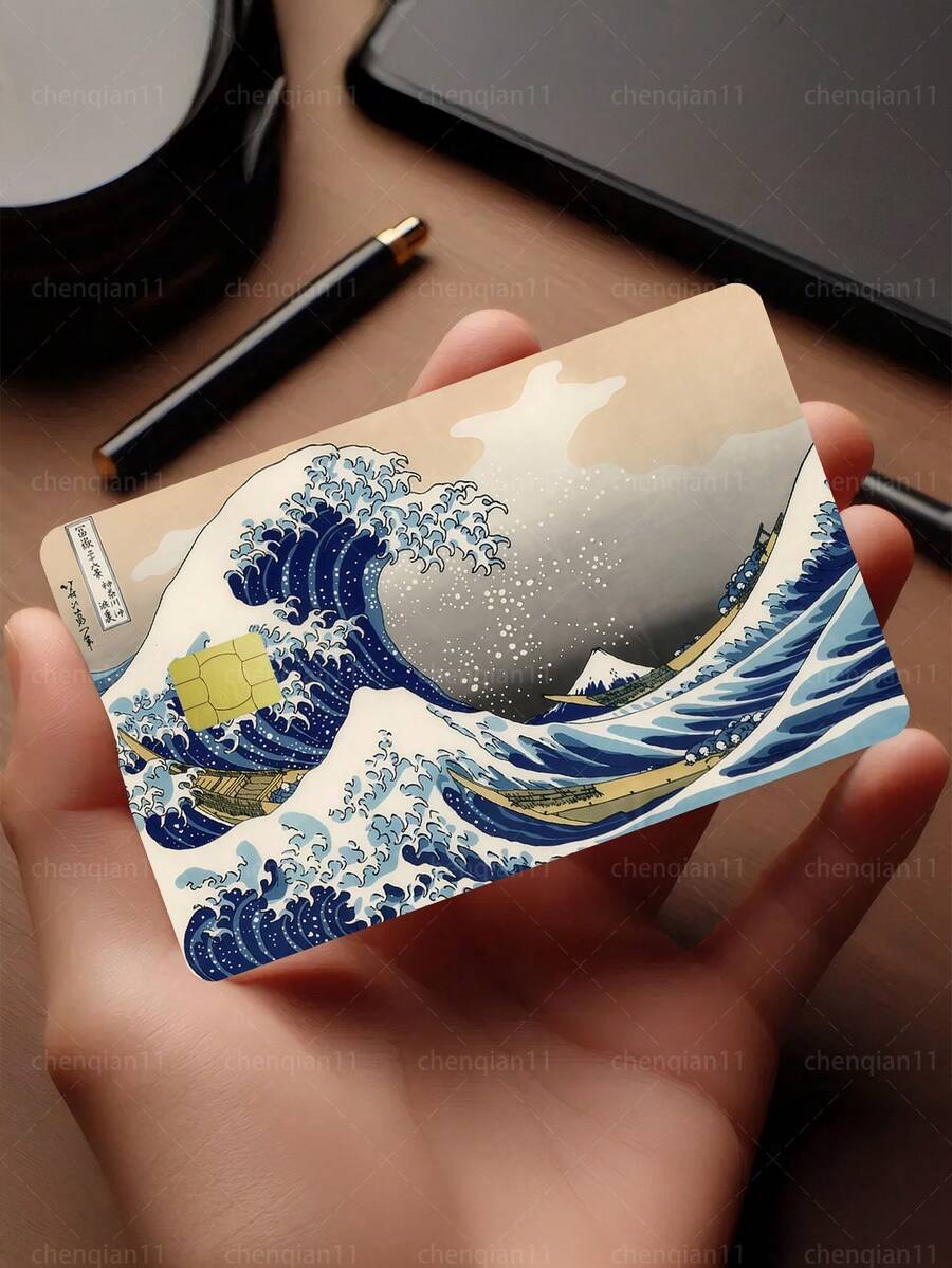1pc Ocean Wave Credit Card Sticker Privacy Protection Card Skin, Tidal Wave Party Birthday Gift PVC Material Anti-Fingerprint Anti-Scratch Wear-Resistant Card Sleeve, Suitable For Men, Women, Couples, Small Chip Card, Bank Card Decoration Sticker, Credit Card, Transportation Card, Student Campus Card Personalized DIY - Type a - View 1