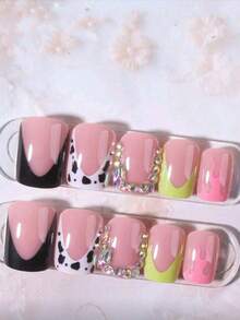 24pcs European And American Minimalist Black & White Cow Print Short Square False Nails, Decorated With Various Rhinestones, Suitable For Spring & Summer Wear, Suitable For Daily Life, Work, Comes With Gel And Nail File, Manicure Supplies - Black and White - View 8