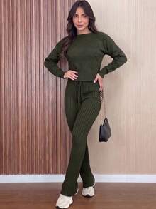 Women's Ribbed Knit Set: Long-Sleeved Blouse With Heart Details, High-Waisted Pants With Adjustable Drawstring, Casual, Autumn/Winter Knitwear. - 稻草 - 查看 6