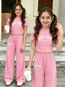 Girls' English Letter Print Short Sleeve T-Shirt And Pants Casual Set, Suitable For Summer Wear, Back To School Season Outfit - Baby Pink - View 1