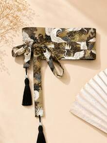 Retro Japanese Style Crane Wide Waist Belt, Women's Tassel Pendant Floral Print Obi Sash Belt, Fashion Chinese Japanese Fusion Waistband - Multicolor - View 7