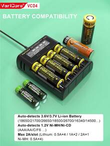 شاحن VariCore 5V2A USB ذكي مستقل، شاحن بطارية ليثيوم أيون 3.7V ب- 2/4 فتحة، متوافق مع بطاريات 18650 و14500 و16340 و26650 القابلة للشحن - الأسود - مشاهدة 3