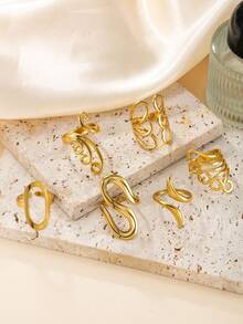 6pcs Stainless Steel 18K Gold Plated Abstract Line Open Ring Set, Bohemian Style Twisted & Swirl Gold Stackable Rings, Casual Versatile Anniversary Gift Set For Women - Gold - View 2