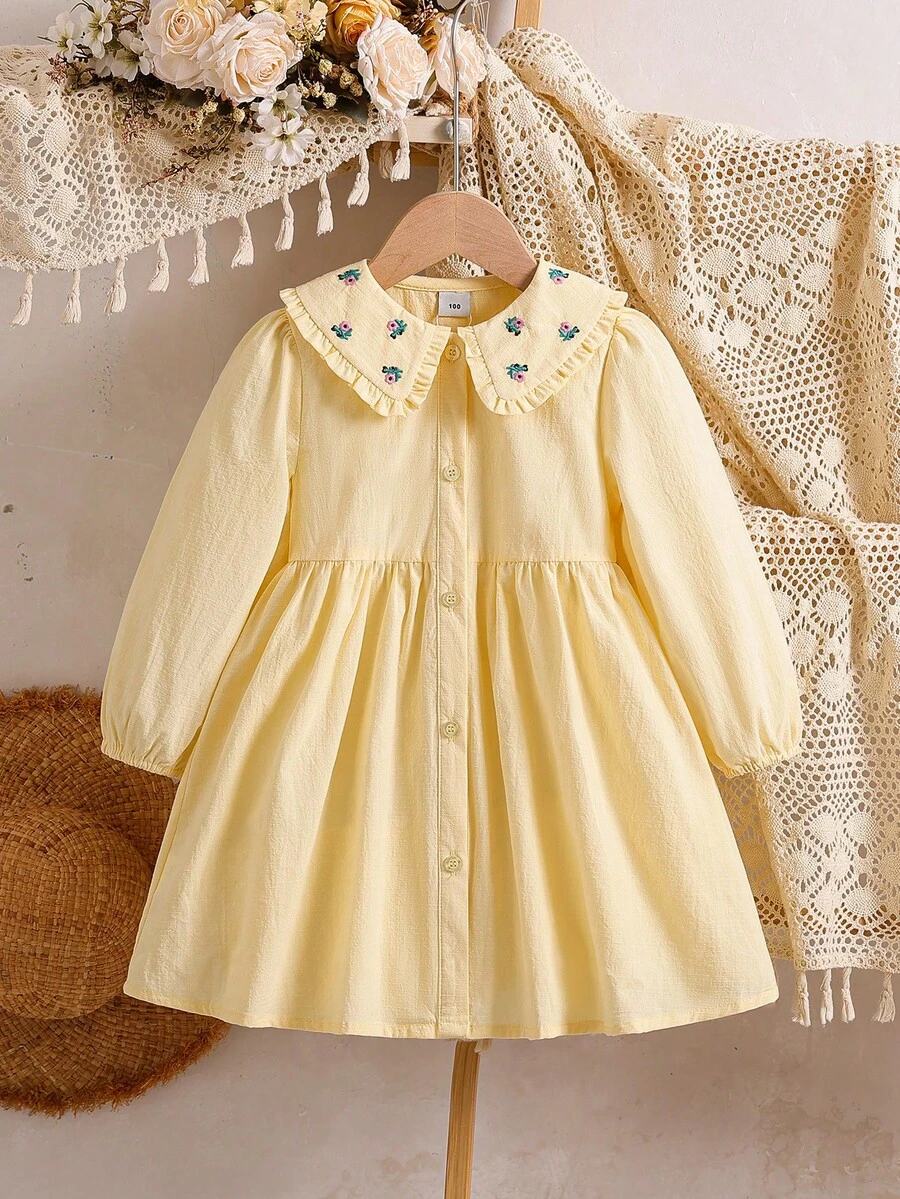 Gaun Lengan Panjang Kerah Lipat Model Baru untuk Anak Perempuan - Kuning - View 1