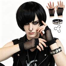 中性哥德風 Emo 黑色化纖假髮，短波波頭與分層長直髮，龐克搖滾 Cosplay 日常派對造型假髮，適合男女使用，適用於節日、展演、演唱會主題活動舞台道具、萬聖節 - 黑色 - 查看 12