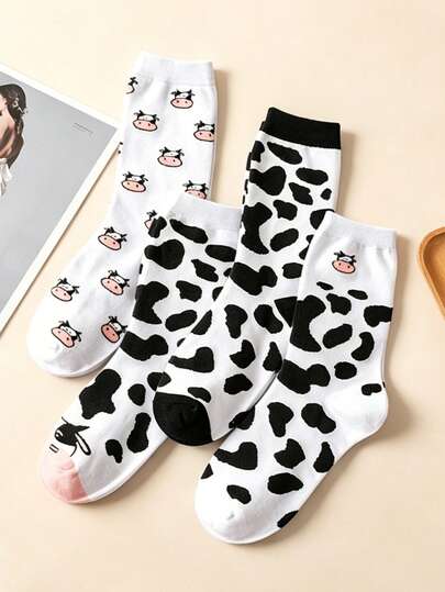 4 Pairs Women Cute Cartoon Cow Spot Mid Calf Socks, Black White Contrast Cow Pattern Breathable Versatile College Style Socks