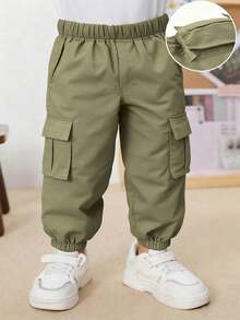 1 件幼儿休闲纯色松紧腰裤，适合春秋季户外穿着 - 軍綠色 - 查看 3