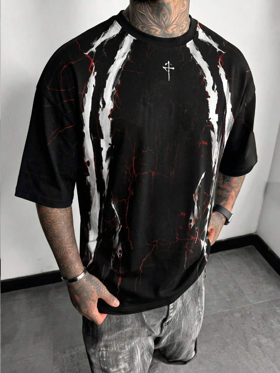 Krometka Men's Black Loose Fit T-Shirt, White & Red Claw Mark And Lightning Crack Print Crew Neck Short Sleeve Streetwear Top - Black - View 1