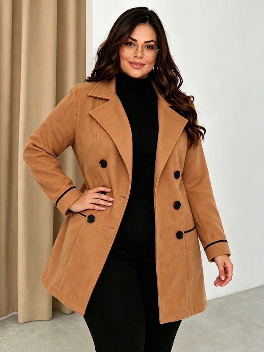 Women's Plus Size Lapel Double-Breasted Long Sleeve Long Coat, Perfect Choice For Autumn/Winter - Khaki - View 1
