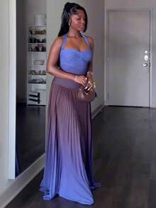 Nuevo Vestido Veraniego Degradado, Halter, Espalda al Aire, Plisado Elegante - azul real - Ver 2