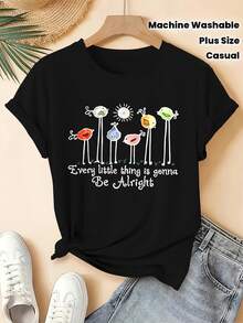 - Oversize-Kurzarmshirt für Damen in großen Größen mit niedlichem Vogel- und Schriftzugmuster (auch für Englisch geeignet) - Lässige Vintage-Bluse mit Rundhalsausschnitt, Freizeitoutfit - Schwarz - Übersicht 1