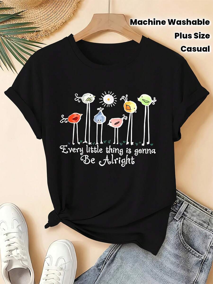 - Oversize-Kurzarmshirt für Damen in großen Größen mit niedlichem Vogel- und Schriftzugmuster (auch für Englisch geeignet) - Lässige Vintage-Bluse mit Rundhalsausschnitt, Freizeitoutfit - Schwarz - Übersicht 1