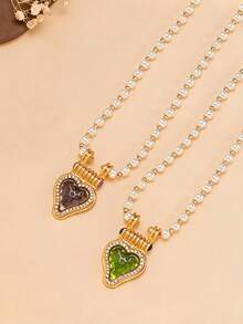 1pc French Vintage Faux Pearl Necklace, Luxury Purple & Green Heart Pendant Choker, Elegant Versatile Neck Chain For Women, Birthday Gift For Girlfriend - Multicolor - View 5