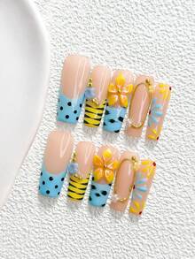 10Pcs Luxurious Style Handmade Press On Nail,Polygel Nail Set,Hand Sculpted Flower,Leopard Print,Blue,Black,Yellow Nail Polish,Leisure Style,Includes Nail Tools,3 Sizes Available,Duck,Coffin,Almond,Glitter Nails For Party,Dance,Daily Wear. - 彩色 - 查看 14