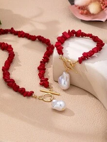 2pcs New Chinese Style Bright Red Crushed Stone & Baroque Pearl Jewelry Set, Niche Design OT Clasp Necklace & Bracelet, Holiday Gift Jewelry Set - Red and White - View 8