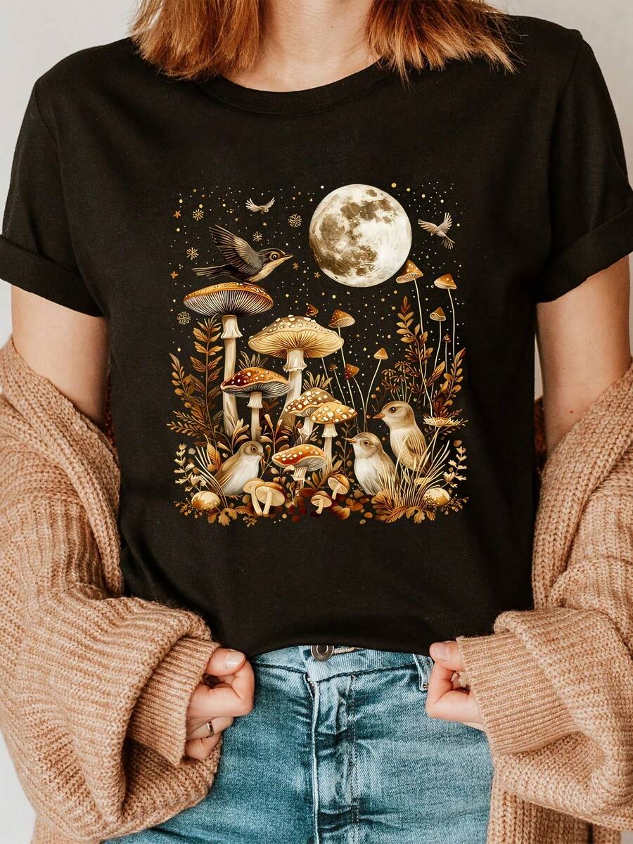 Camiseta de cuello redondo con estampado de hongos, camiseta casual de manga corta para primavera y verano, ropa de mujer - Negro - Ver 1