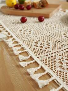 ABEST6522 Home&Living store 1pc Vintage Crochet Tassel Tablecloth, Simple Design Table Mat, Farmhouse Lace Dining Table Decor, Round/Square Tabletop Cover For Kitchen, Dresser, Wedding Party - Beige - View 11