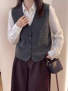 Women's Autumn/Winter Wool Blend Yarn Minimalist Casual Elegant V-Neck Knit Cardigan Vest Top Fall - Dark Grey - View 4