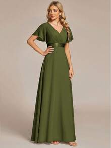 EVERPRETTY Summer Early Autumn Elegant Romantic Chiffon V-Neck Pleated Butterfly Sleeve Bridesmaid Dress, Suitable For Wedding Guests, Semi-Formal Occasions Fall - Olive Green - View 3
