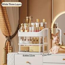 Caja de almacenamiento de cosméticos de gran capacidad, cajón transparente, caja de almacenamiento de maquillaje de joyería, organizador de escritorio multifuncional multicapa - Crema - 2 capas - Ver 5