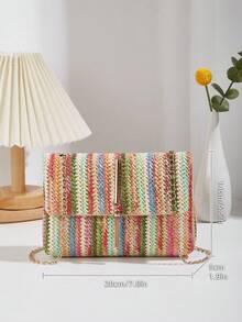 Women's Colorful Contrast Woven Fabric Magnetic Closure Small Square Crossbody Bag - Multicolor - View 7