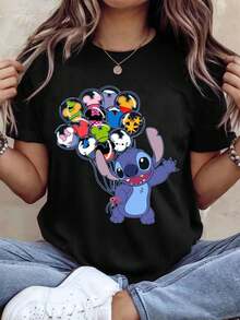 Disney Lilo & Stitch T-Shirt, Cute Stitch With Mickey Balloons Graphic Tee, Casual Disney Character Print Short Sleeve Top For Vacation Trip - 黑色 - 查看 1