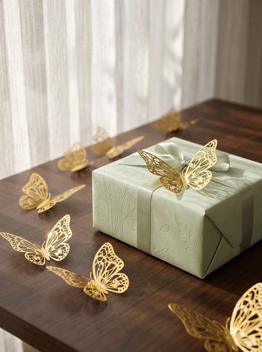 Cirelle 12/48/72Pcs 3D Hollow Butterfly Wall Sticker Cake Decor Toppers Wedding Decor Living Room Home Decor Butterflies Stickers Gender Reveal Party Decor Room Decor Wall Decor Personalised Stickers - Gold - View 1