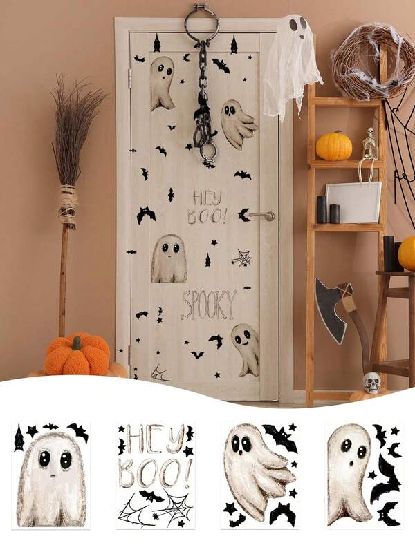 1 pieza Pegatina de murciélago fantasma aleatoria, Pegatina de murciélago fantasma de Halloween, Pegatina de PVC autoadhesiva y removible, Pegatina decorativa de fantasma lindo, Pegatina BOO, Decoración de ambiente festivo, Pegatina para el hogar