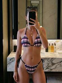Black White Purple Plaid Halter Triangle Ruched Tie Side 2Pcs Sexy Bikini, Island Holiday Travel Pool Essential, Summer Stylish Elegant Sexy Beachwear - Multicolor - View 3