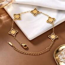 1 pieza Pulsera con dije de estrella hueca minimalista, pulsera ajustable de acero inoxidable chapada en oro de 18K, joyería diaria para mujer - Dorado - Ver 5