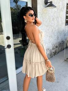 AIJ Amarilo 女款優雅性感休閒細肩帶露背交叉綁帶荷葉邊下擺 A 字迷你洋裝 派對夏季 - 杏色 - 查看 2