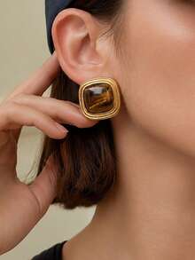 1 Pair Women's Stainless Steel Gold Thick Square Stud Earrings, Faux Tiger Eye Stone Geometric Earrings, Vintage Exaggerated Luxury Fashion 18k Gold Plated Jewelry, Suitable For Daily Wear And Party Outfit - Gold - View 2