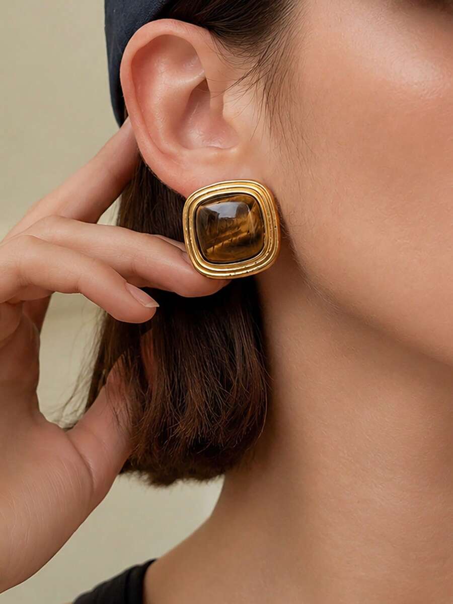 1 Pair Women's Stainless Steel Gold Thick Square Stud Earrings, Faux Tiger Eye Stone Geometric Earrings, Vintage Exaggerated Luxury Fashion 18k Gold Plated Jewelry, Suitable For Daily Wear And Party Outfit