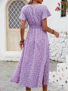 Floral Dress With Butterfly Sleeves And Leg Slit - Red - View 9