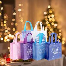 CARRIECUR Winter Wonderland wiederverwendbare Vliesstoff-Tragetaschen, 6 Designs Schneeflocken-Muster Geschenktüten mit bunten Griffen für Weihnachtsparty, Wintergeburtstag, Babyparty, Feiertage & Partyzubehör - Übersicht 6