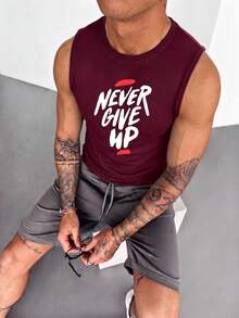 ZYNTH BALENO 男士夏季時尚「Never Give Up」印花背心，必備涼爽夏季運動穿搭 - 酒紅色 - 查看 9