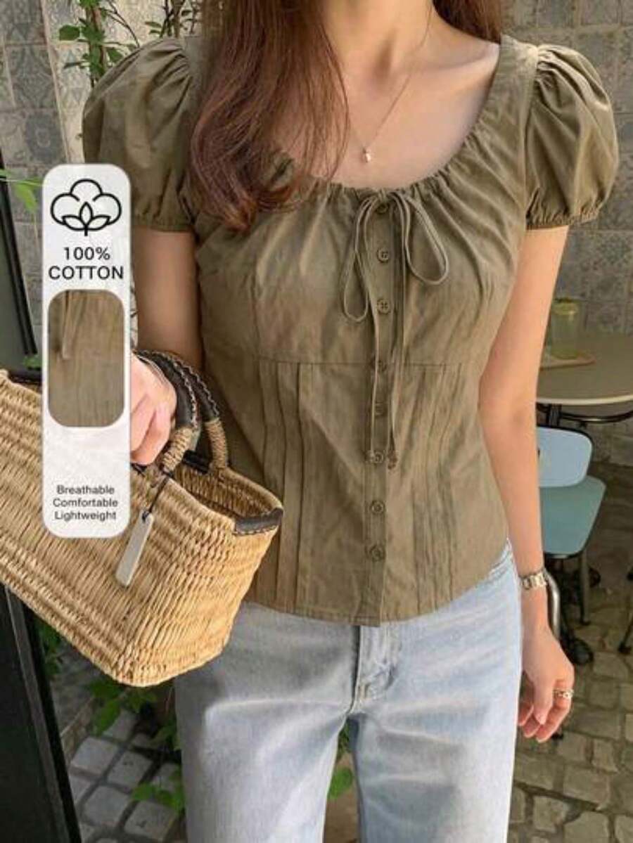 Blusa de manga corta ajustada con mangas abullonadas y cintura con lazo, unicolor, rosa, para primavera/verano y vacaciones - Verde militar - Ver 1