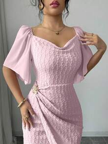 yonghongmaoyi1  Vestido elegante ajustado con cuello de volantes, mangas de pétalos y hebilla metálica de bloque de color para mujer, primaver - Verde - Ver 8