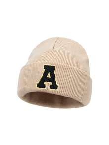 1 pieza Gorro de punto con letras A-Z para niños, gorro de punto de unicolor y cálido, adecuado para recién nacidos en el hospital, bebés, niños pequeños, niños y niñas, perfecto para uso al aire libre y diario - Beis - Ver 5