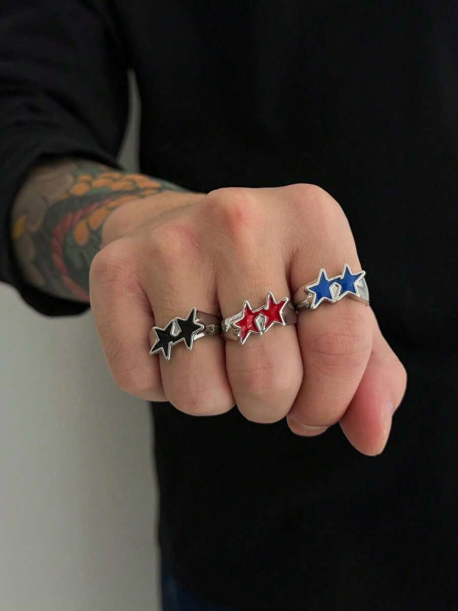 1pc Y2K Style Double Star Enamel Open Ring, Silver Base With Colorful Stars, Adjustable Size, Punk Hip-Hop Style Statement Ring, Unisex - Oil-drip Five-pointed Star Open Ring - View 1