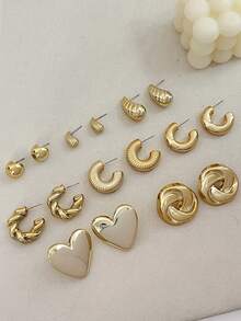 8 Pairs Fashionable Heart Geometric Multi- Gold Metallic Earring Set, Women's Fashion Earring Set, For Daily Wear - Yellow Gold - View 2
