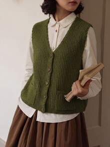 Damen Retro Minimalistisch Lässig Einreihige Strickweste, Herbst/Winter - Grün - Übersicht 1