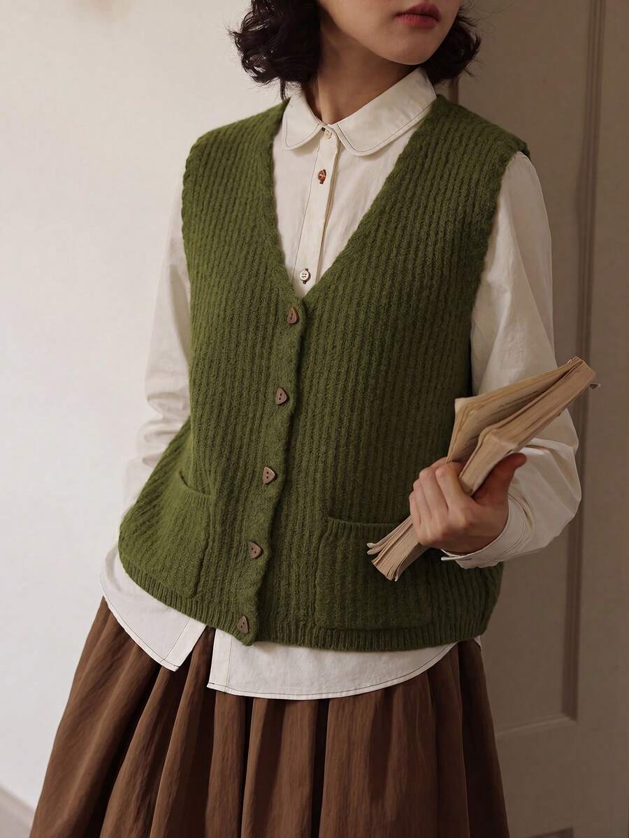 Damen Retro Minimalistisch Lässig Einreihige Strickweste, Herbst/Winter - Grün - Übersicht 1