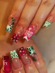 Change Your Nails 24片長款長方形穿戴式假指甲 紅綠撞色3D花朵水鑽款 夏季清新風 適合日常通勤、約會、派對 + 免費附贈指甲拋光塊 + 果凍膠 - 彩色 - 查看 1
