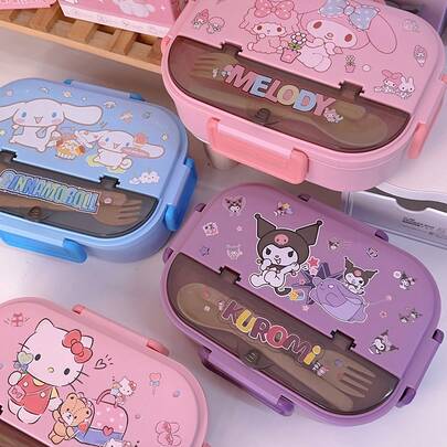  1 pieza Caja de almacenamiento de alimentos reutilizable Sanrio Hello Kitty y Kuromi, Caja bento, Caja de almuerzo, Juego de cubiertos, Caja de almuerzo de acero inoxidable, Caja de almuerzo a prueba de fugas, Con tapa y cuchara de cubiertos, Caja bento de acero inoxidable rosa, Carcasa dura de silicona, Buen sellado, Microondas/Lavavajillas/Refrigerador, Adecuado para uso en el hogar, cocina, oficina y exteriores, Temporada de regreso a la escuela, Regalo de cumpleaños