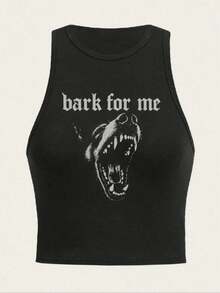 Women's Bark For Me Wolf Pattern Short Tank Top,Y2K Street Style Gothic Fashion Aesthetic Sleeveless Shirt,Streetwear Letter Print Crop Top Black Top - 黑色 - 查看 1