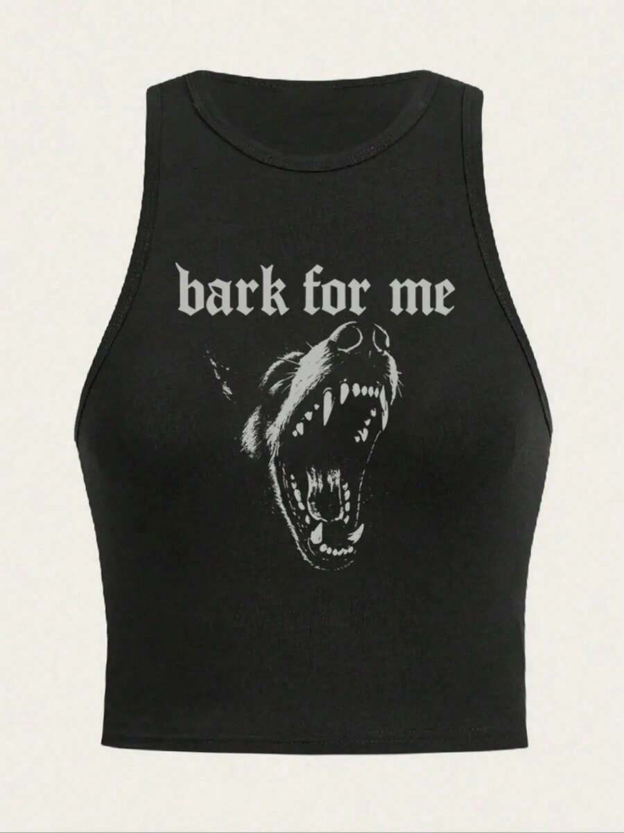 Women's Bark For Me Wolf Pattern Short Tank Top,Y2K Street Style Gothic Fashion Aesthetic Sleeveless Shirt,Streetwear Letter Print Crop Top Black Top - 黑色 - 查看 1