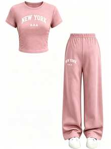 Girls' English Letter Print Short Sleeve T-Shirt And Pants Casual Set, Suitable For Summer Wear, Back To School Season Outfit - Baby Pink - View 8
